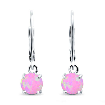 Round Lab Created Pink Opal Leverback Earrings 925 Sterling Silver (25.4mm)